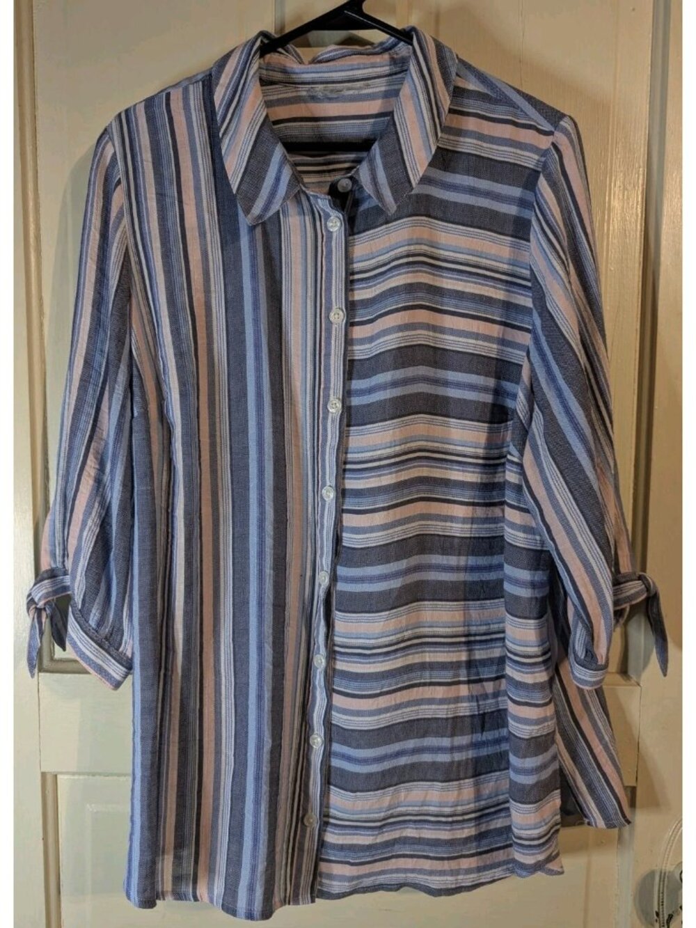 Catherines Striped Button Up Blouse Short Tie Sleeves Size 2X